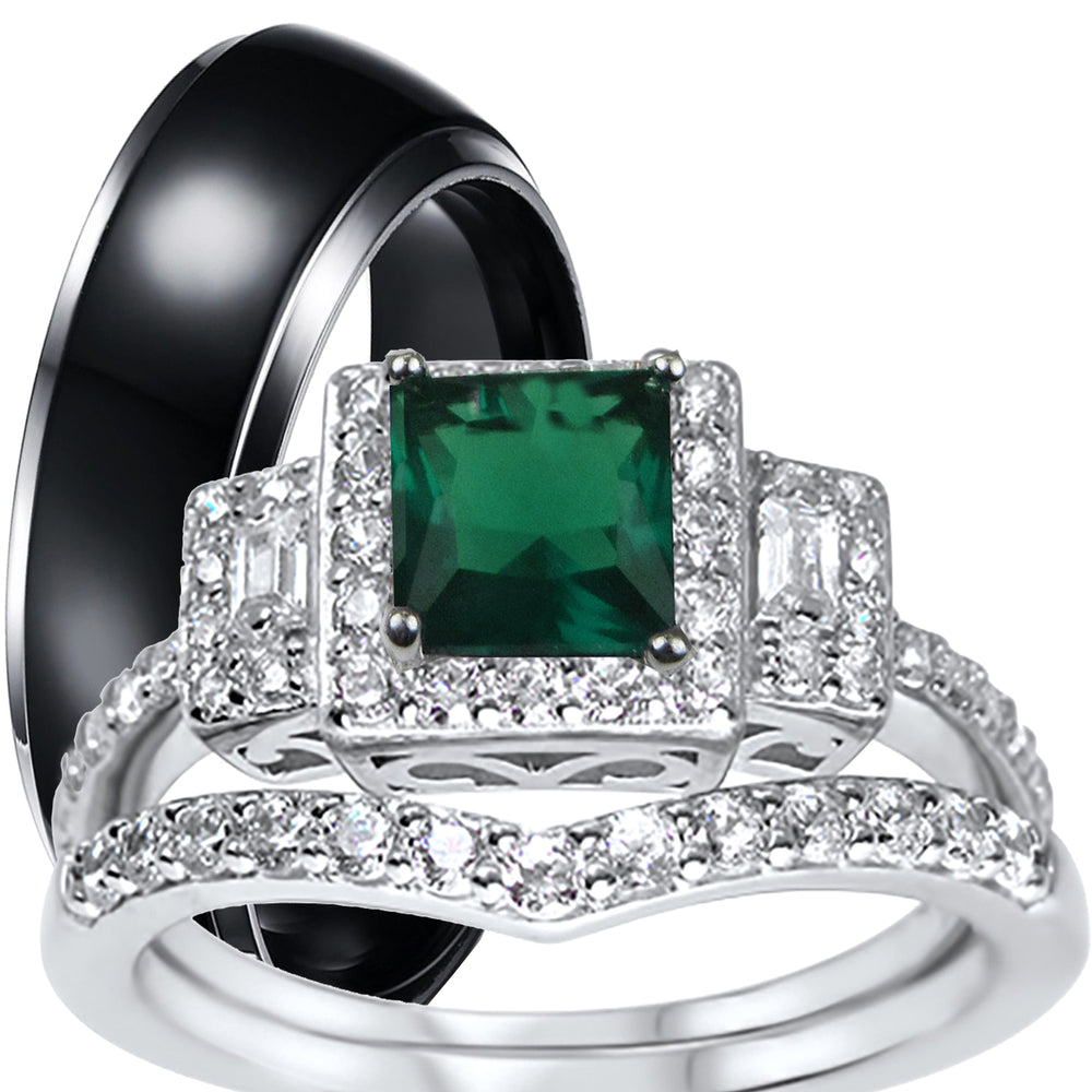 His and Her Sterling Silver Emerald Green Wedding Engagement Rings Set