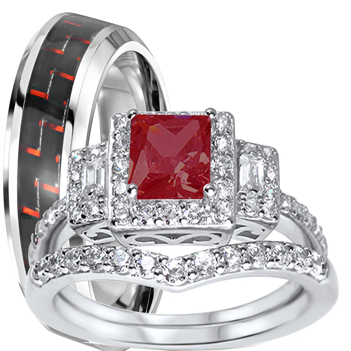 His and Her Sterling Silver Ruby Red Wedding Engagement Rings Set