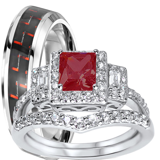 Ruby Red His and Hers TRIO Wedding Ring Set