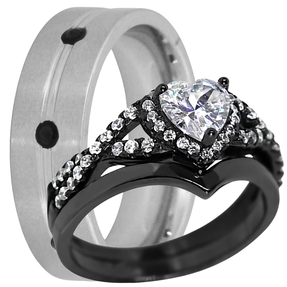 His and Her TRIO Wedding Set Black Wedding Rings for Women and Men