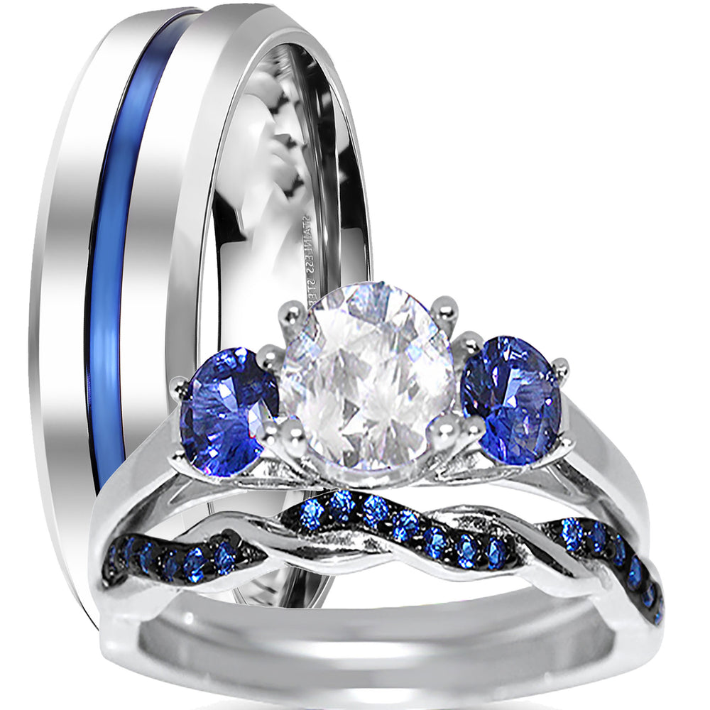 His Her Blue Sapphire CZ Silver Steel TRIO Wedding Ring Set