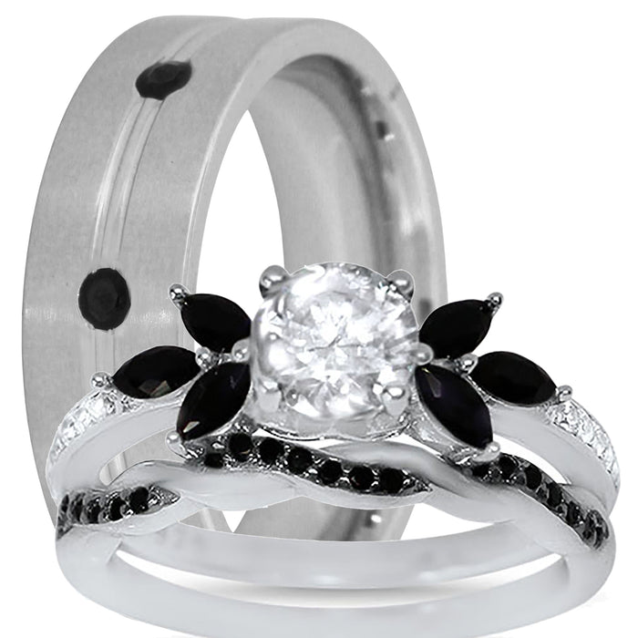 His Her Black Wedding Engagement Ring Set