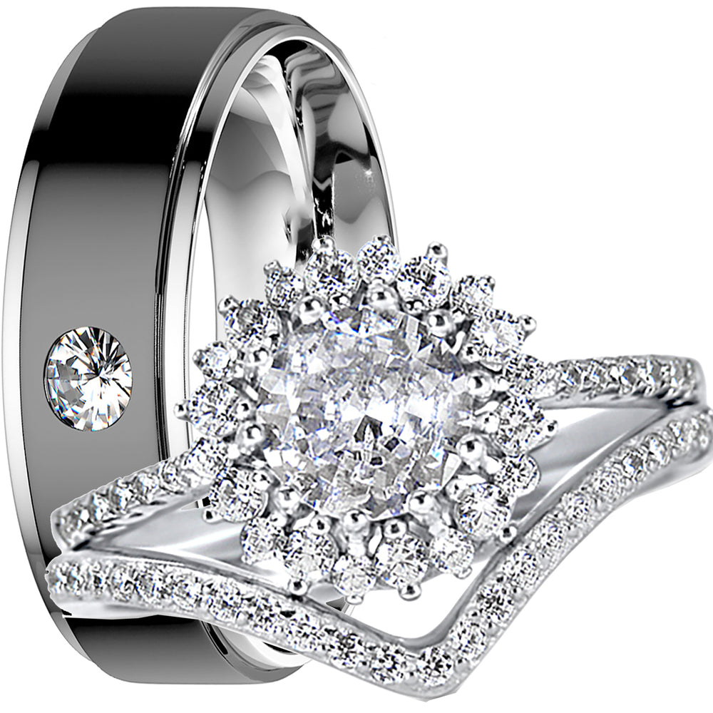 His Her Silver Steel TRIO Wedding Ring Set