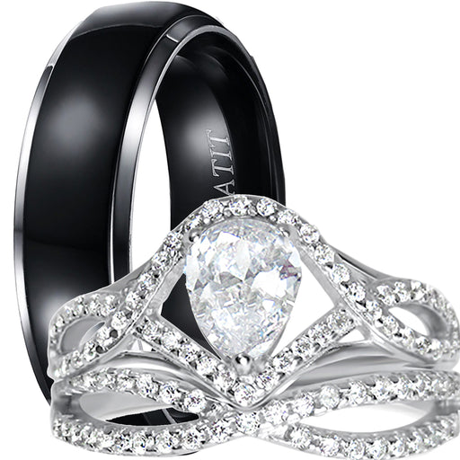 His Her Silver Black Titanium TRIO Wedding Set