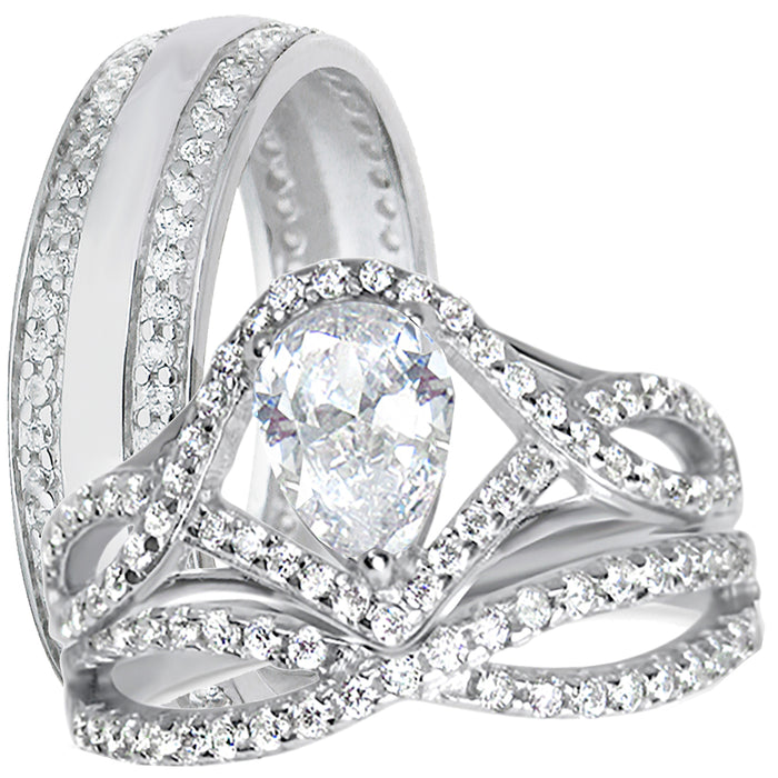 His Her Sterling Silver TRIO Wedding Ring Set