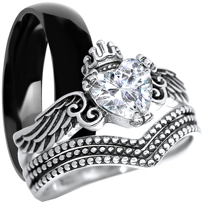 His and Her TRIO Wedding Band Engagement Ring Set