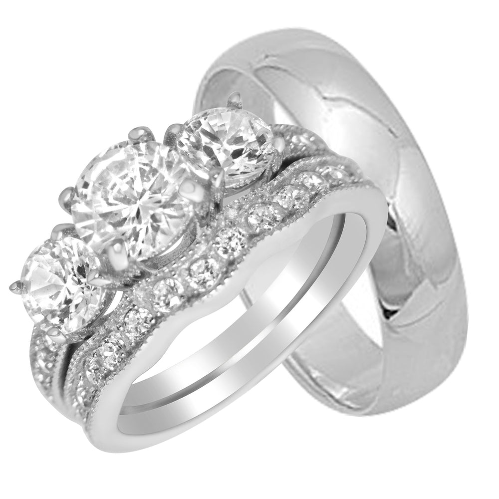 His and Her Silver TRIO Wedding Engagement Ring Set