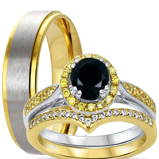 His Her Mixed Metal Wedding Ring Black Engagement Ring Set for Bride Groom