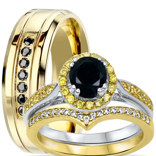 His Her Mixed Metal Wedding Band Black Gold Engagement Ring Set Him Her