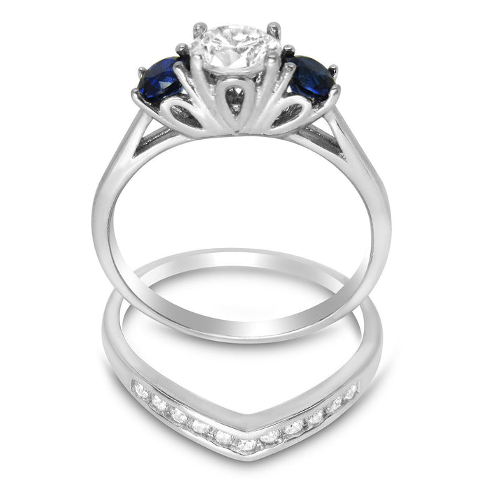 His & Her Simulated Blue Sapphire Wedding Engagement Set Silver Titanium Rings Set