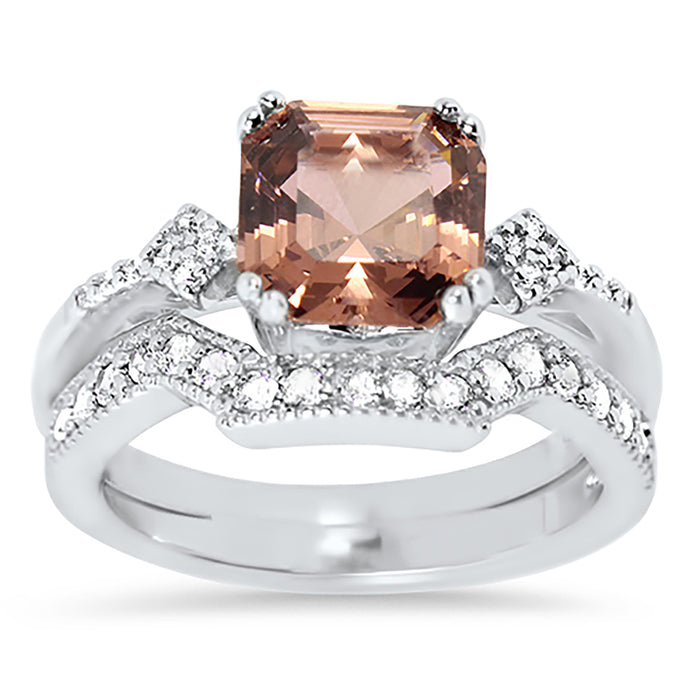 Pink Morganite CZ  Wedding Ring Set for Women Sterling Silver CZ Bridal Set