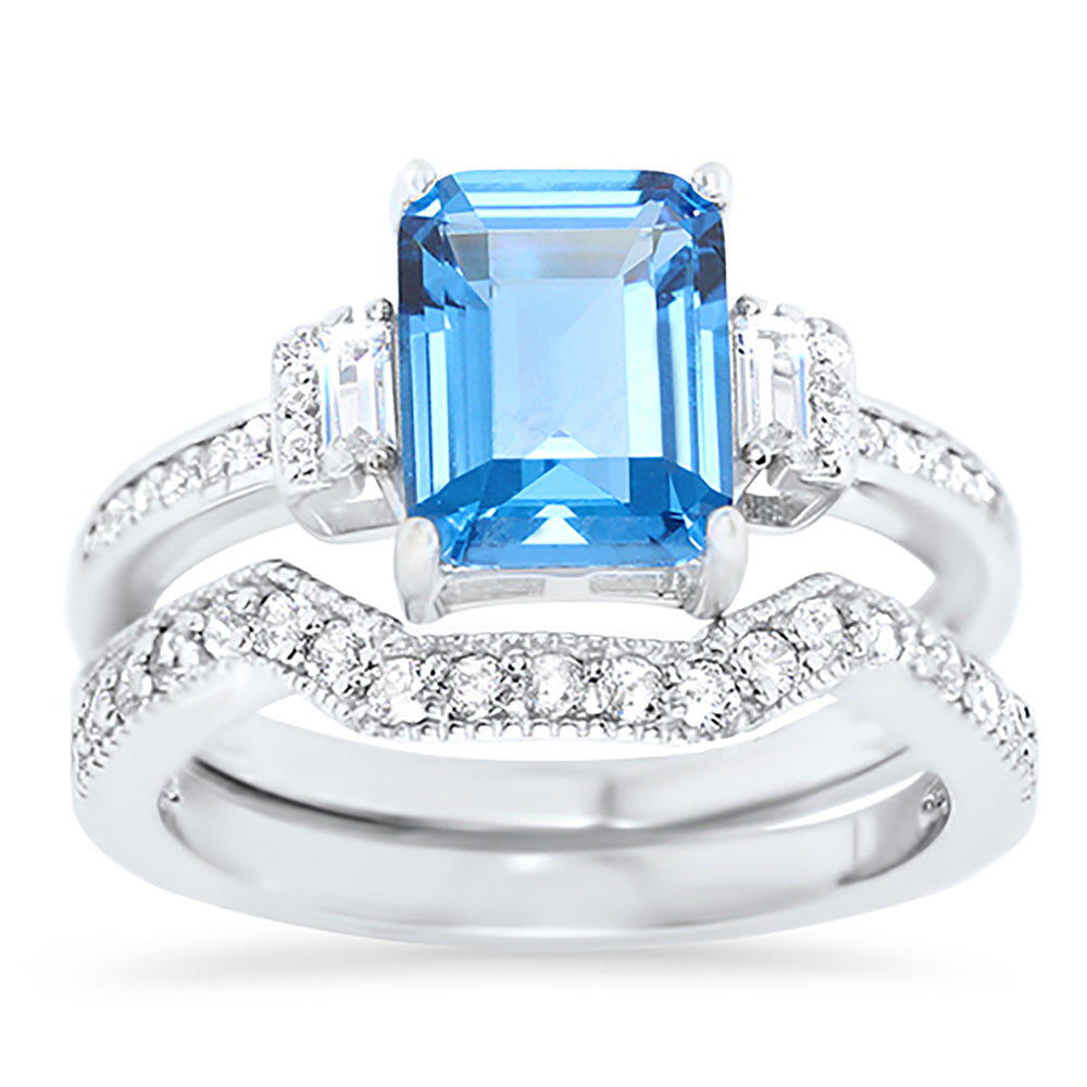 Blue Topaz CZ Wedding Engagement Ring Set