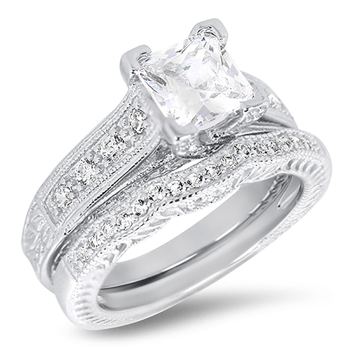 Princess Cut Sterling Silver Vintage CZ Wedding Engagement Ring Set for Women