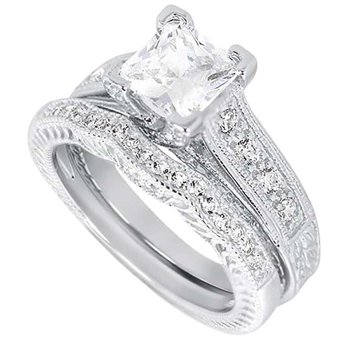 Princess Cut Sterling Silver Vintage CZ Wedding Engagement Ring Set for Women