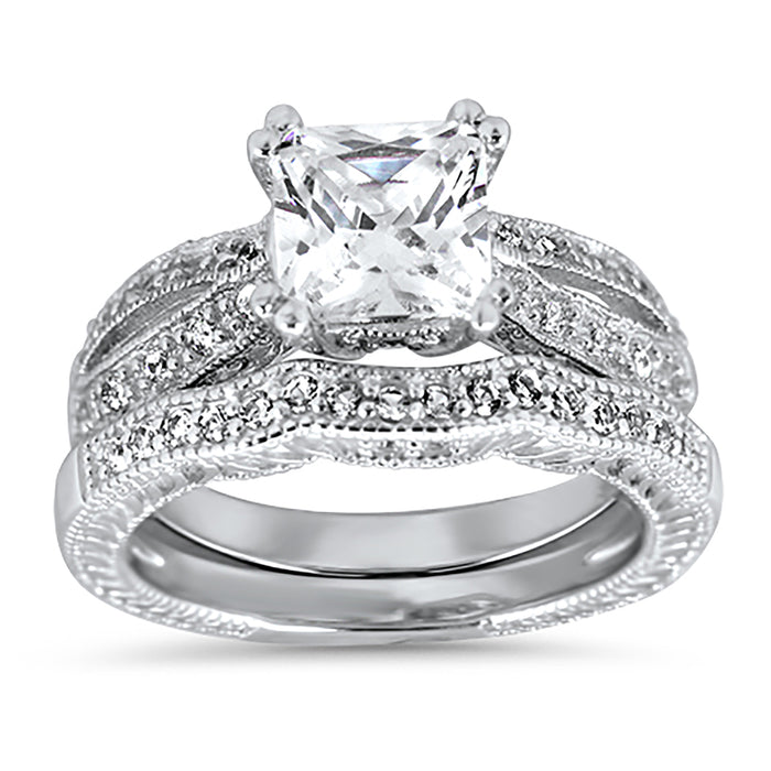 Princess Cut Sterling Silver Vintage CZ Wedding Engagement Ring Set for Women