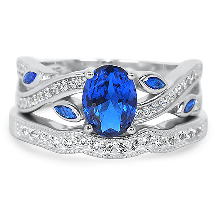 Oval Cut Sterling Silver Simulated Blue Sapphire Wedding Engagement Ring Set for Women