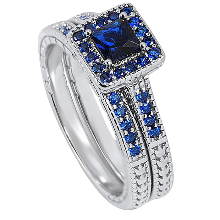 Princess Cut Sterling Silver Blue Sapphire CZ Wedding Engagement Ring Set for Women