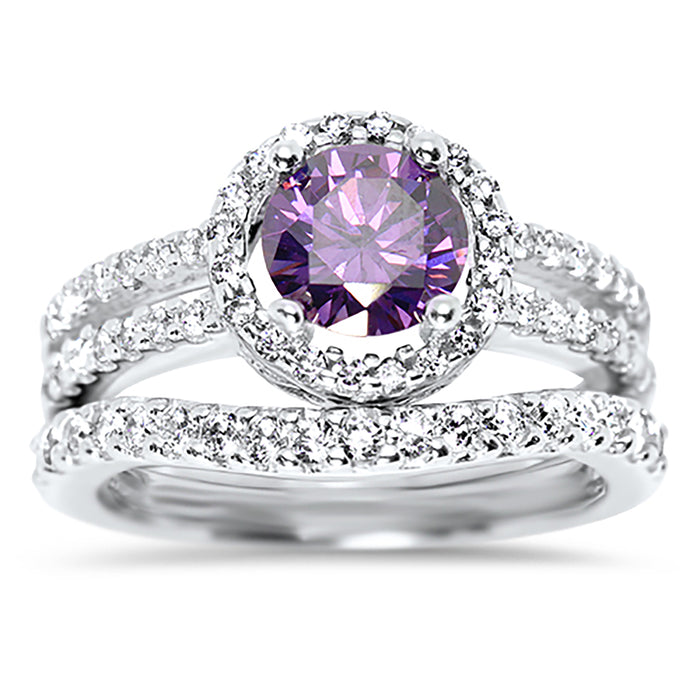 Affordable Purple Amethyst CZ Wedding Engagement Ring Set for Women