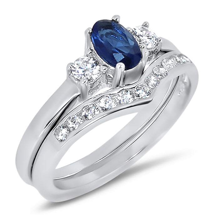 Oval Simulated Blue Sapphire Wedding Engagement Ring Set for Women