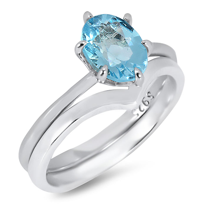 Soitaire Blue Topaz Wedding Engagement Ring Set for Women