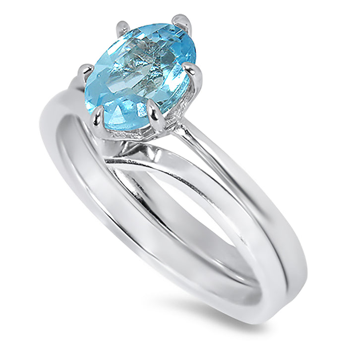 Soitaire Blue Topaz Wedding Engagement Ring Set for Women