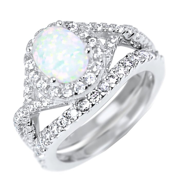 TRIO His Her Opal Silver Titanium Wedding Engagement Ring Set