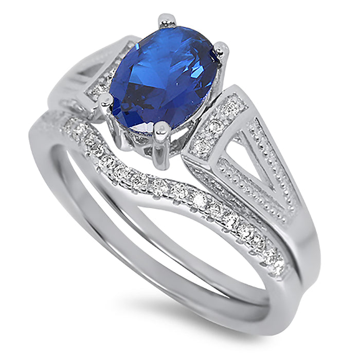 1 Carat Oval Blue Sapphire CZ Wedding Engagement Ring Set for Women
