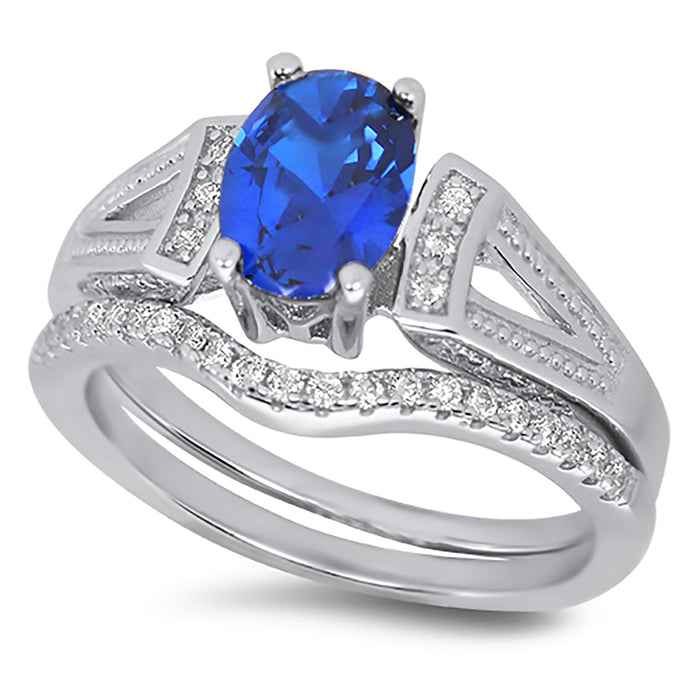 1 Carat Oval Simulated Blue Sapphire Wedding Engagement Ring Set for Women
