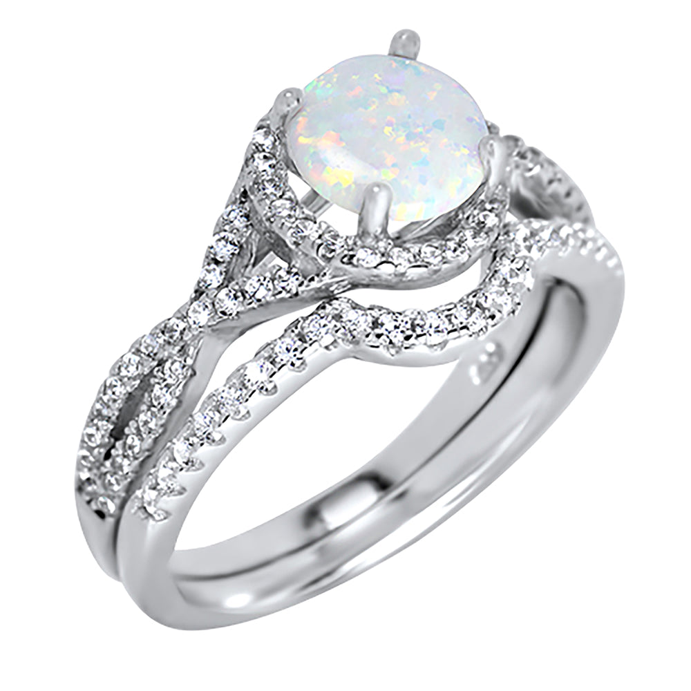 His Her Wedding Rings Sterling Silver Opal CZ Engagement TRIO Set Him Her