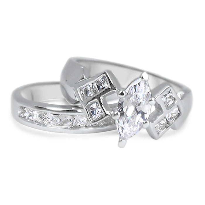His Her 3 Piece Sterling Silver Wedding Engagement Ring Set