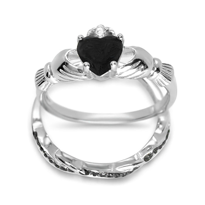 His Hers Wedding Set Black Diamond CZ Celtic Claddagh Bridal Couples Engagement Rings