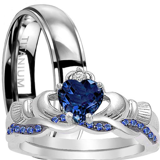 His Her Heart Cut Blue CZ Celtic Sterling Silver Titanium Wedding Engagement Ring Set