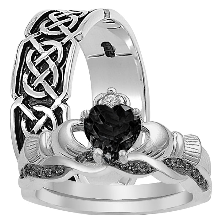 His Hers Wedding Set Black Diamond CZ Celtic Claddagh Bridal Couples Engagement Rings