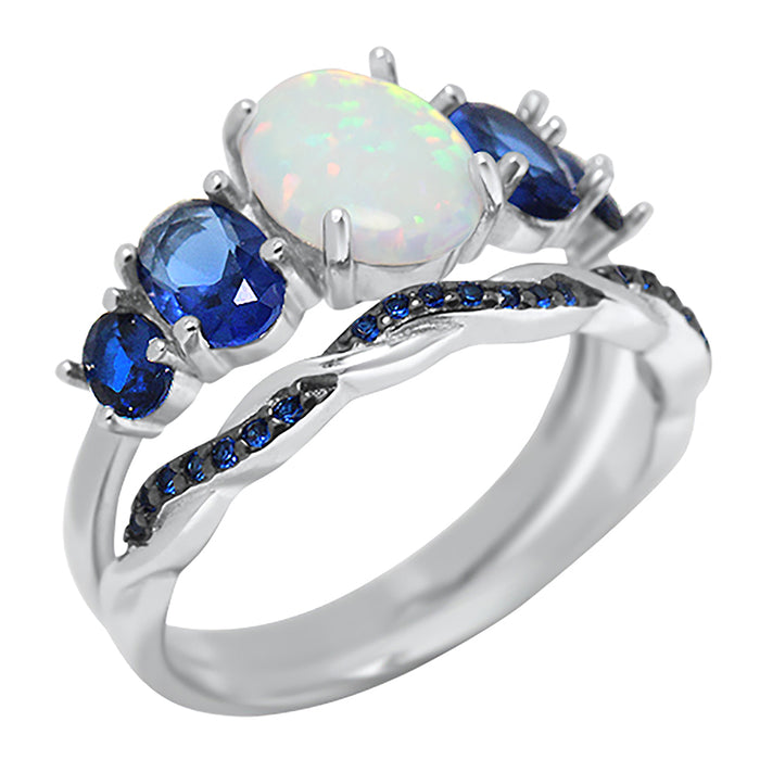 His Her Wedding Set 3 Piece TRIO Opal Sapphire CZ Silver Rings for Women Steel Men