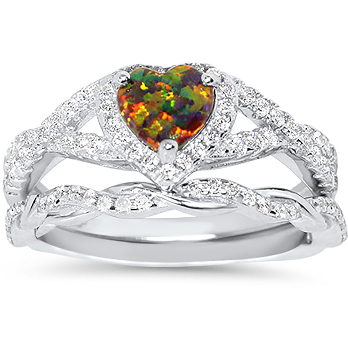 Fire Opal Heart Infinity Wedding Engagement Ring Set
