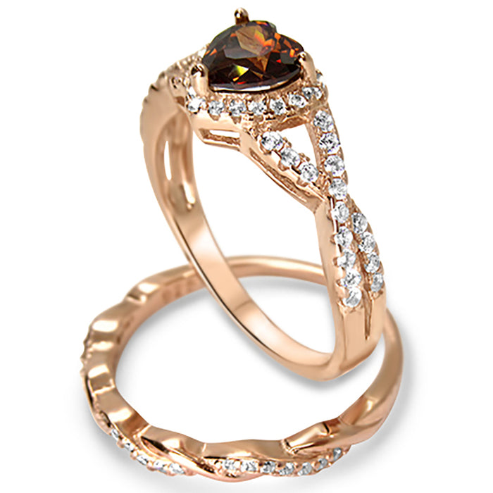 LaRaso & Co 1 Carat Chocolate CZ Heart Simulated Diamond Wedding Ring Set 14K Rose Gold Over Sterling Silver