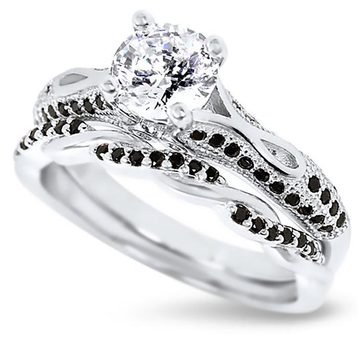 Black White Solitaire Wedding Engagement Ring Set