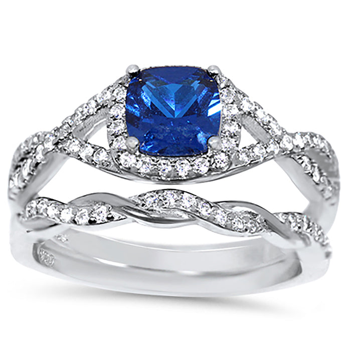Blue White Princess Cut Wedding Engagement Ring Set for Women