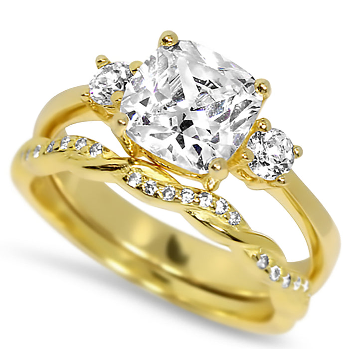 His Her Wedding Ring Set Gold Plated Silver CZ Bridal Set with Matching Band for Him