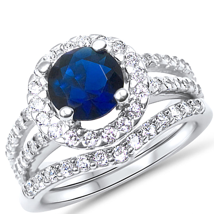 Simulated Blue Sapphire Halo Wedding Engagement Ring Set for Women