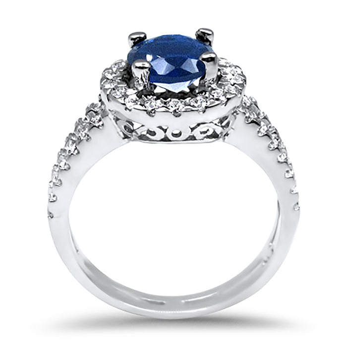 Simulated Blue Sapphire Halo Wedding Engagement Ring Set for Women