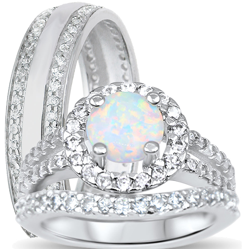 His Her Sterling Silver OPAL Trio Wedding Rings Set