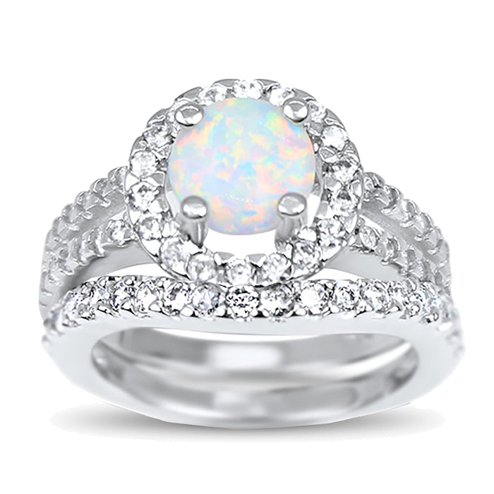 His Her Sterling Silver OPAL Trio Wedding Rings Set