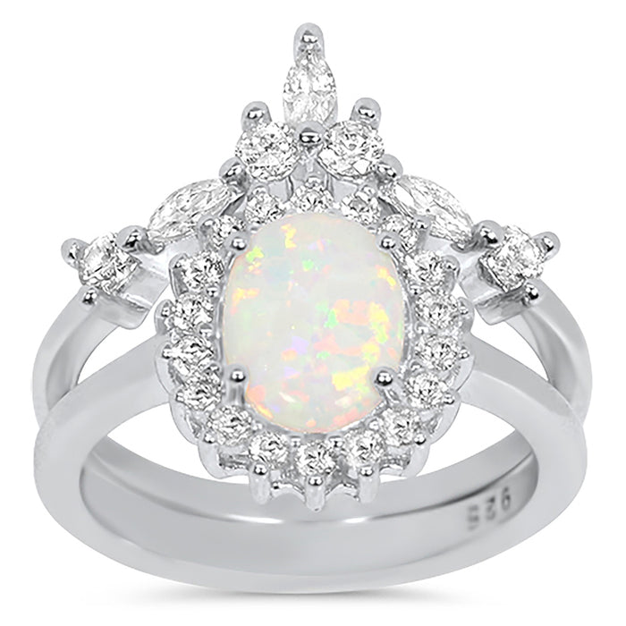 Vintage Art Deco Opal Wedding Engagement Ring Set