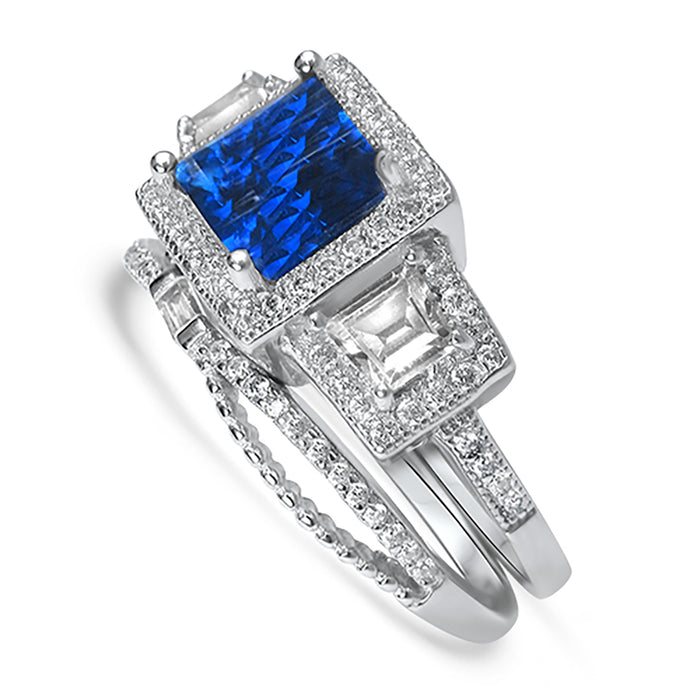 His Her Blue Sapphire CZ Sterling Silver Wedding Ring Set