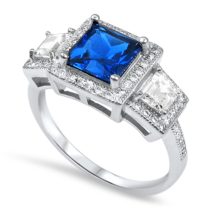 His Her Blue Sapphire CZ Sterling Silver Wedding Ring Set