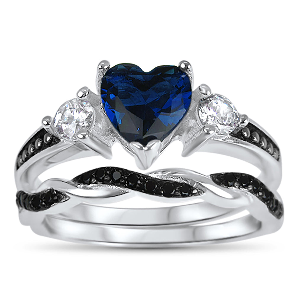 Heart Cut Simulated Blue Sapphire Wedding Engagement Ring Set for Women