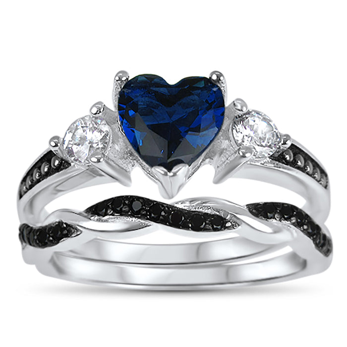 Unique His and Her Wedding Set Blue Black Engagement Rings Him Her