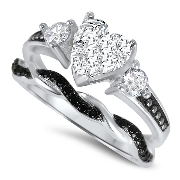 His Her Silver Steel TRIO Wedding Ring Set