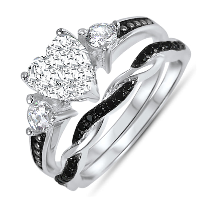 His Hers Silver Steel Black Wedding Rings Set